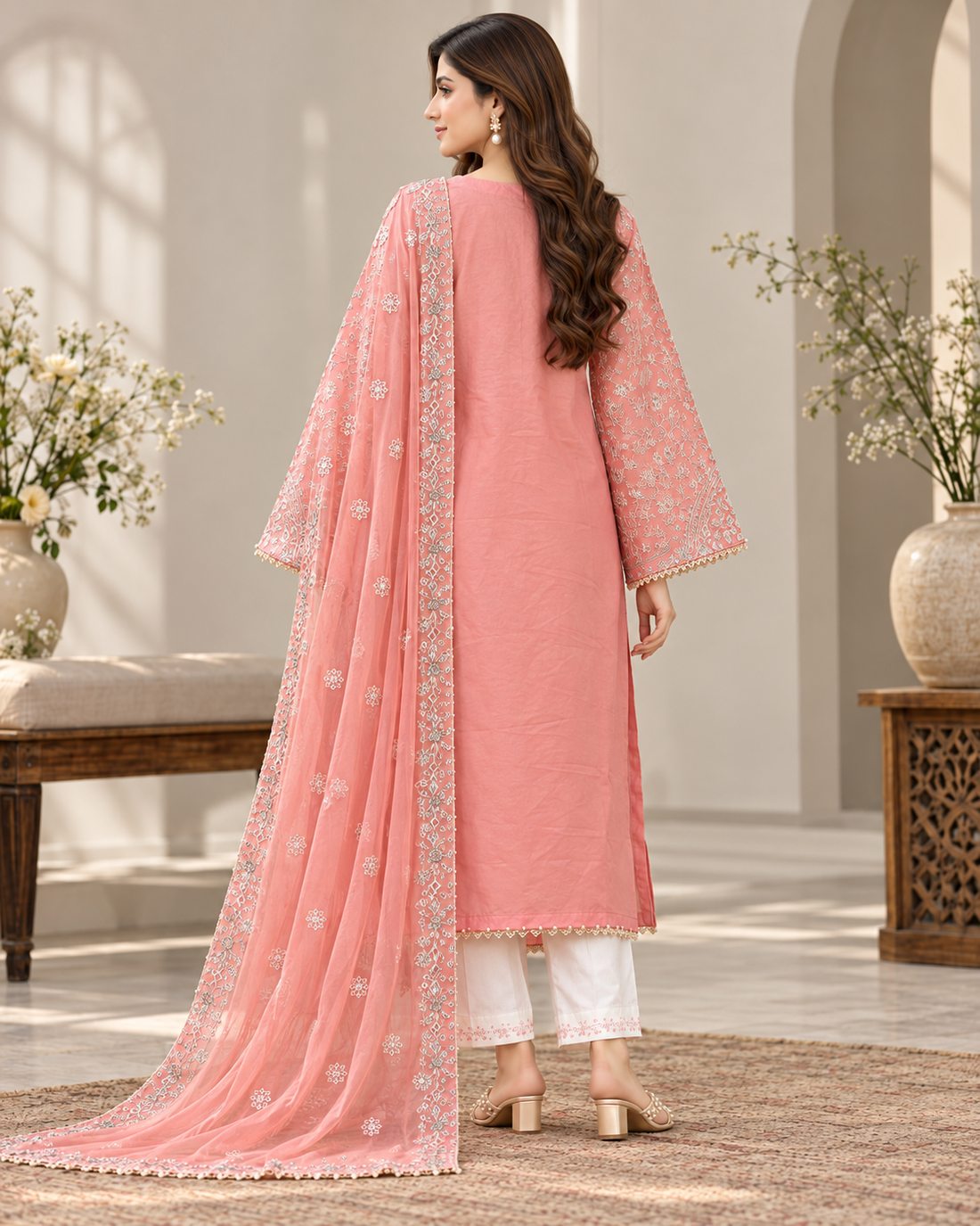 PINK PASHMINA 3PC EMBROIDERED DRESS
