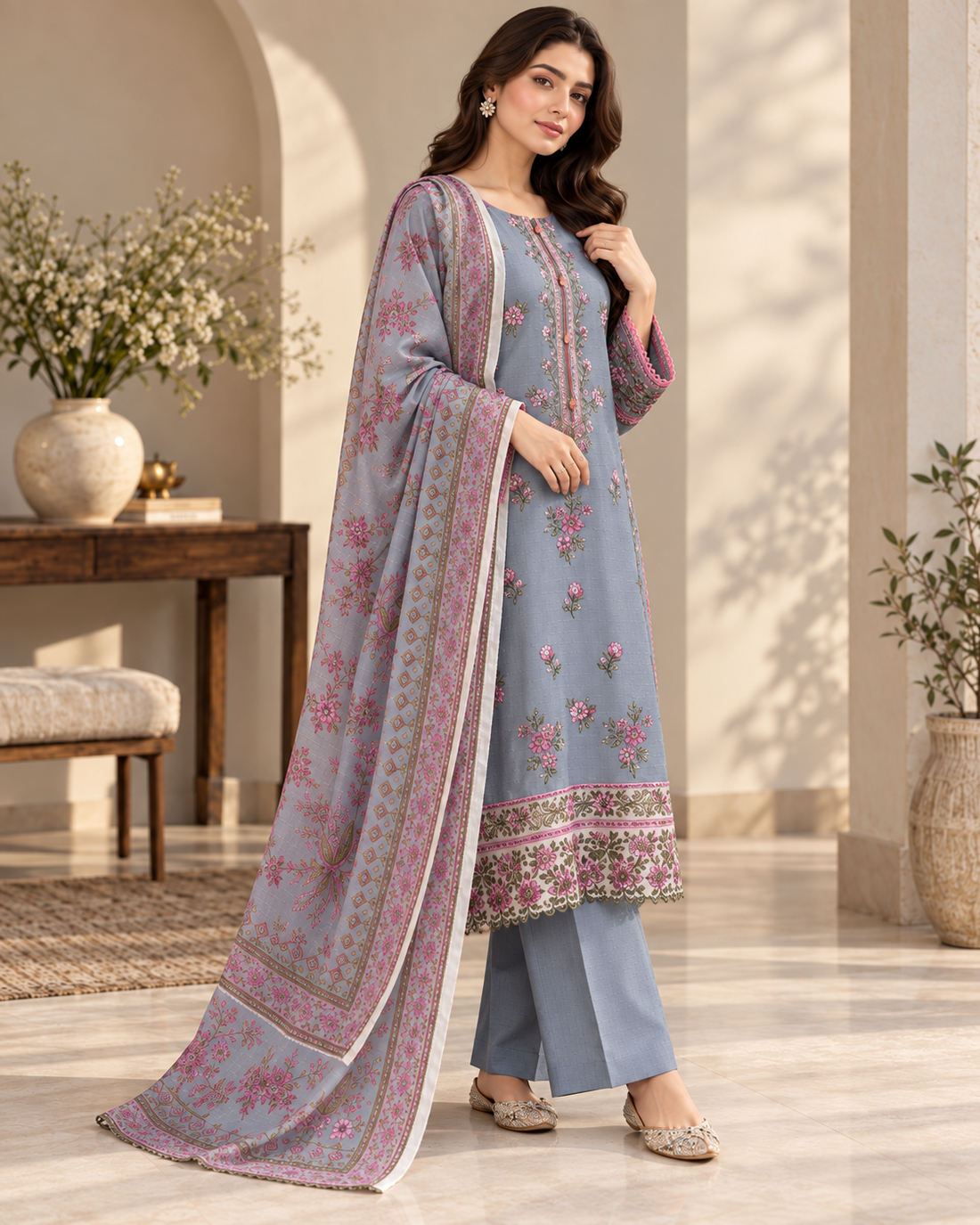 Grey Embroidered Fency Lawn 3pc