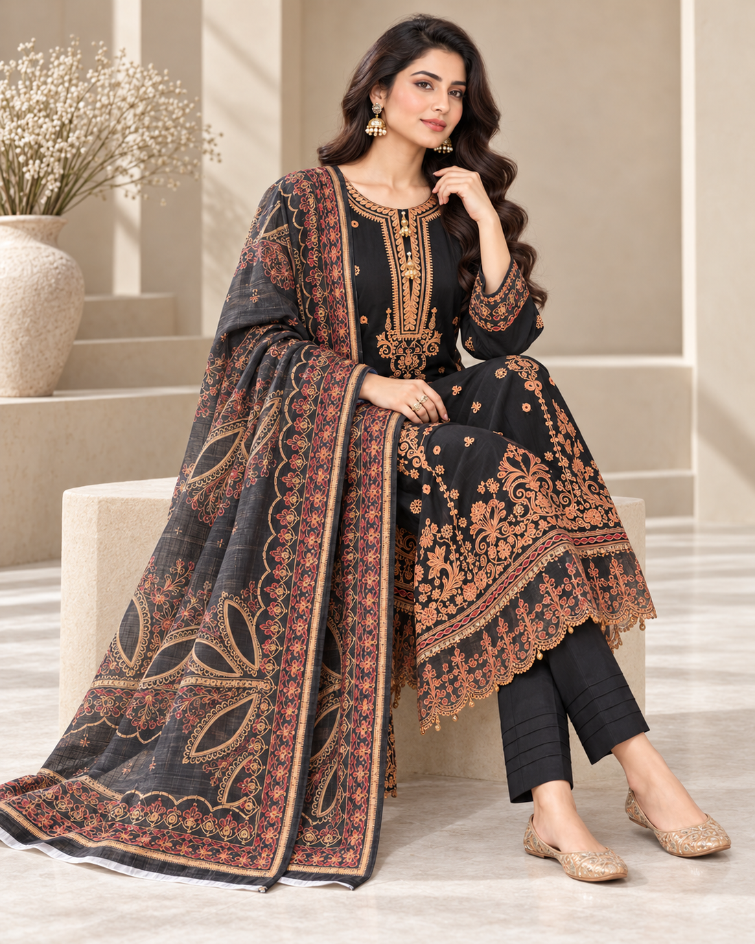 3PC BLACK AND GOLDEN FANCY PARTY WEAR