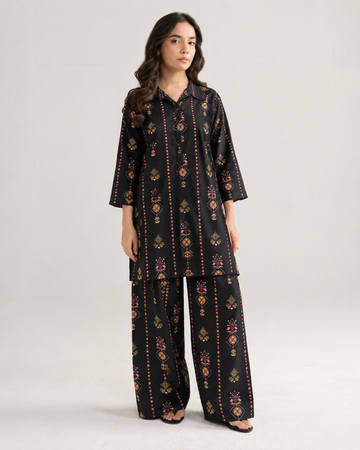 BLACK WITH PINK FLORAL LAWN CORD SET