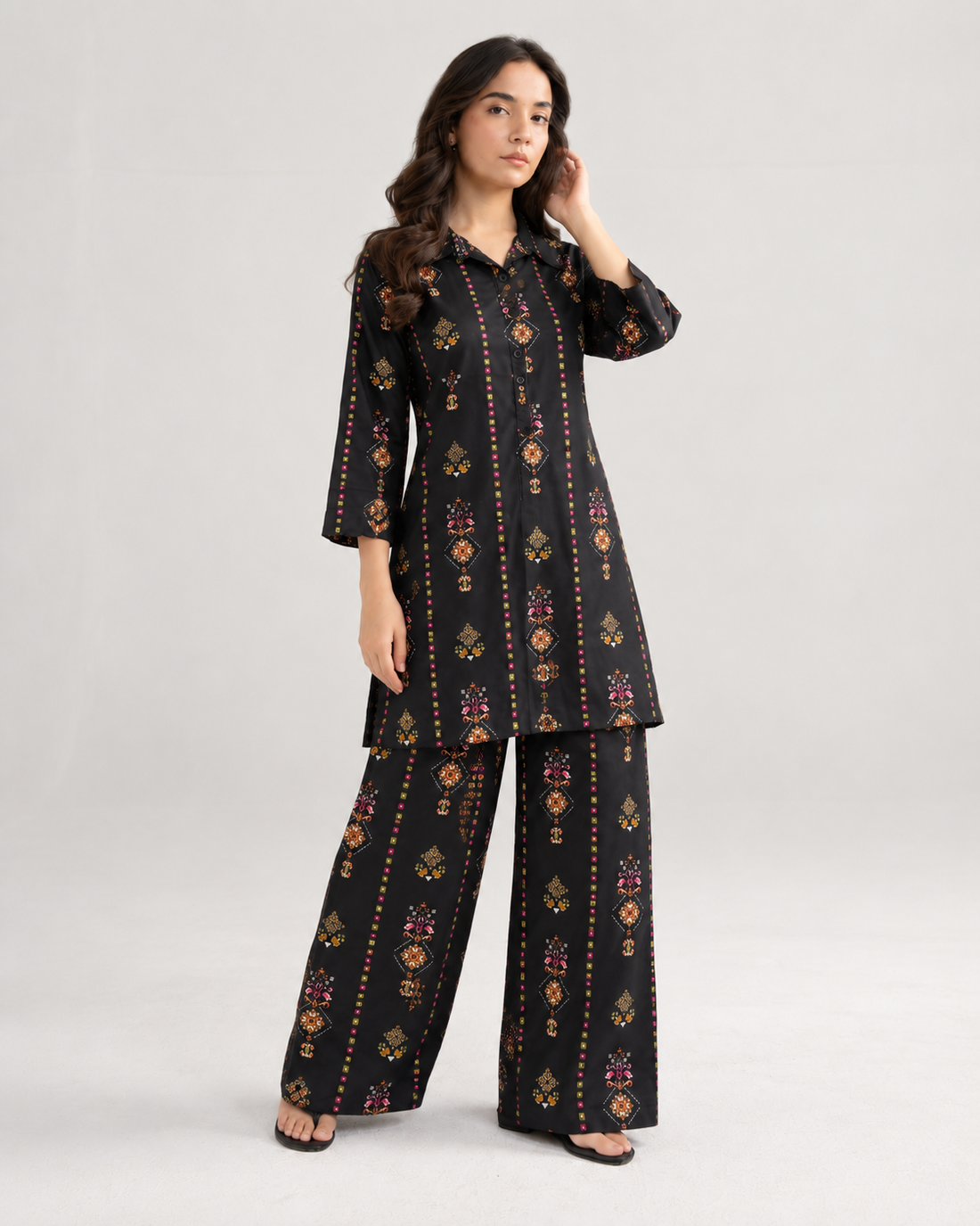 BLACK WITH PINK FLORAL LAWN CORD SET