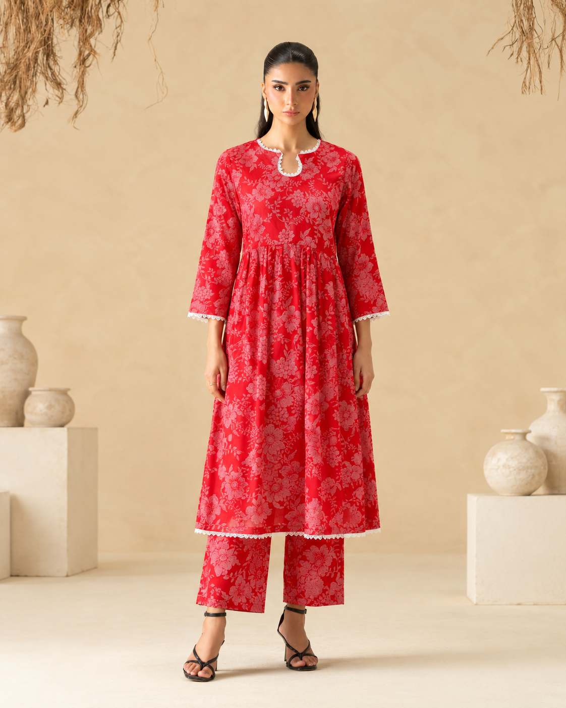 RED AND WHITE PRINTED SHORT FROK 2PC