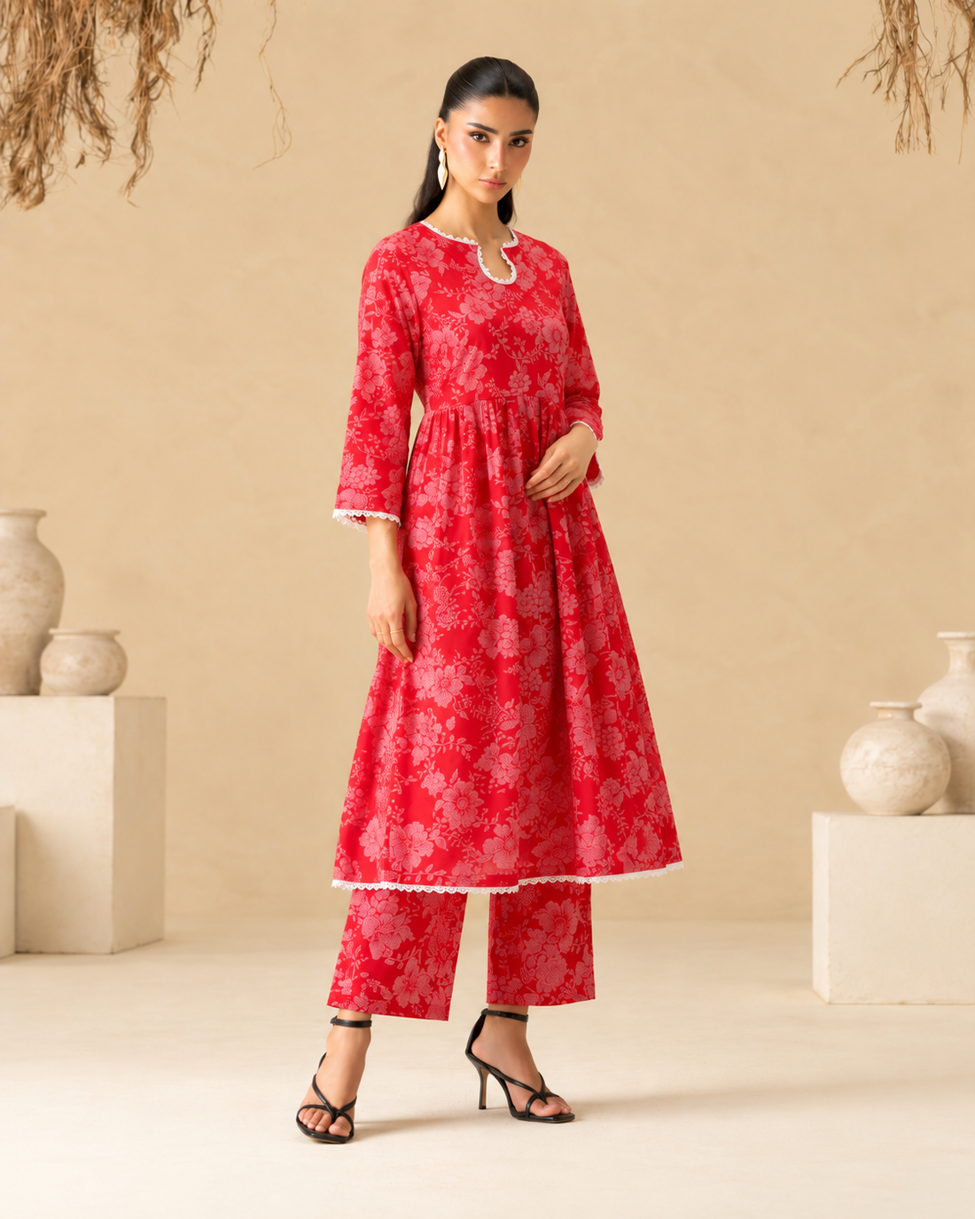 RED AND WHITE PRINTED SHORT FROK 2PC