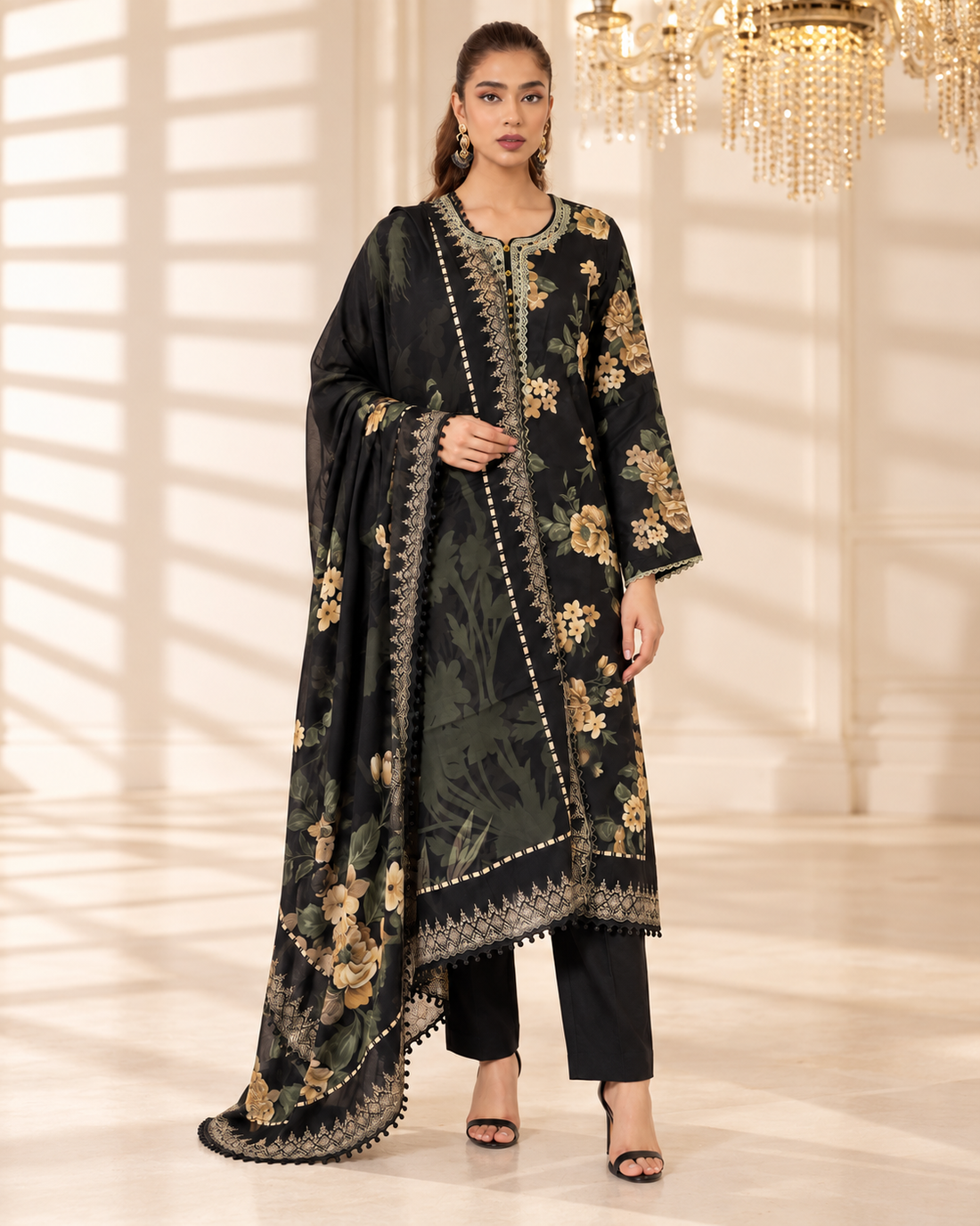 BLACK WITH SKIN FLORAL PRINTED 3PC