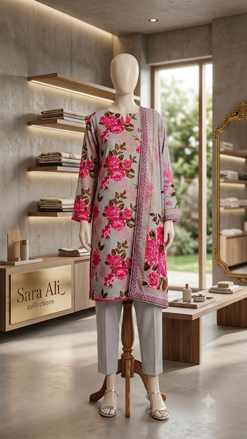 GREY WITH PINK PRINTED FLOWERS 3PC
