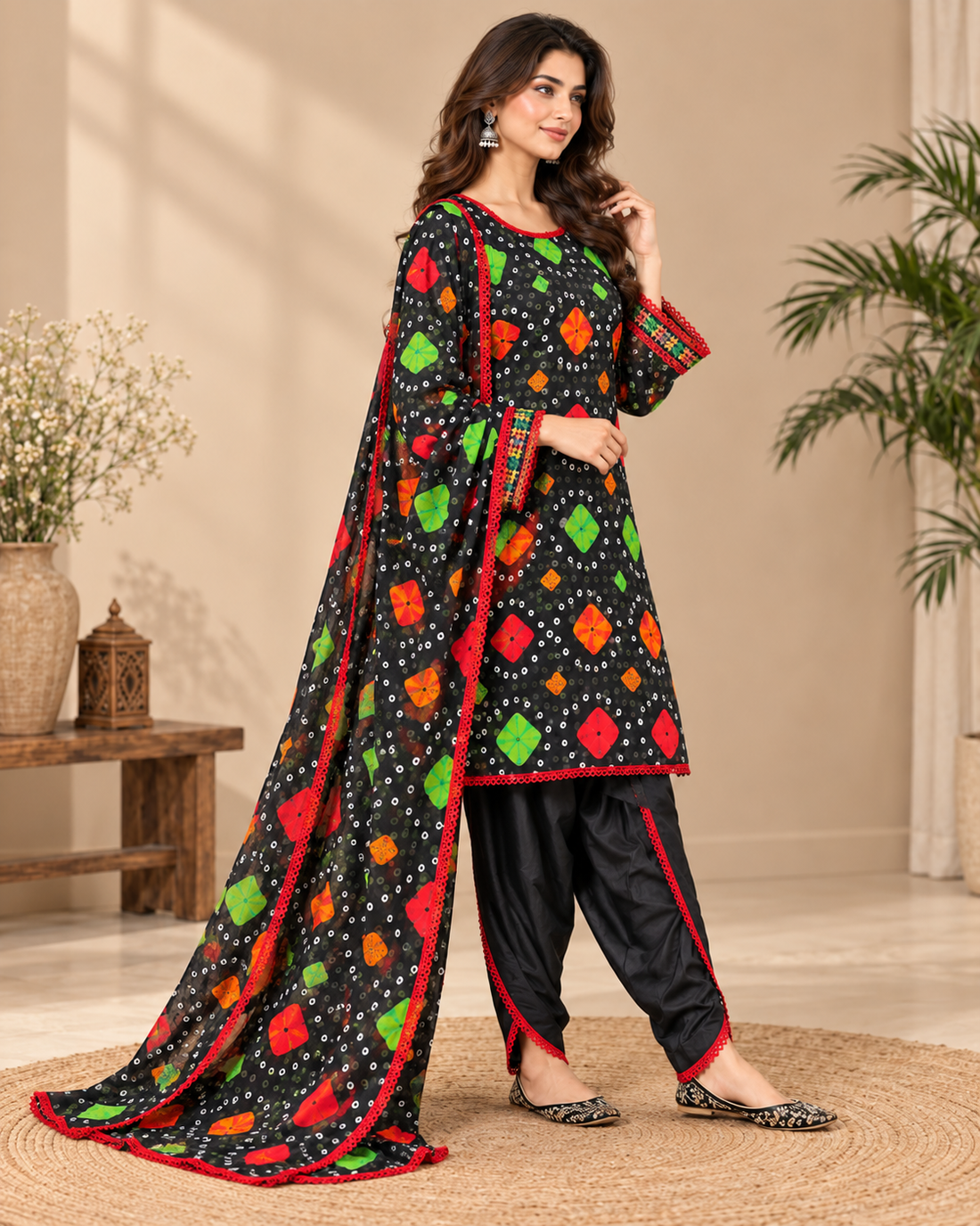 CHUNARI BLACK AND PURPLE WITH SAMOSA SHALWAR 3PC