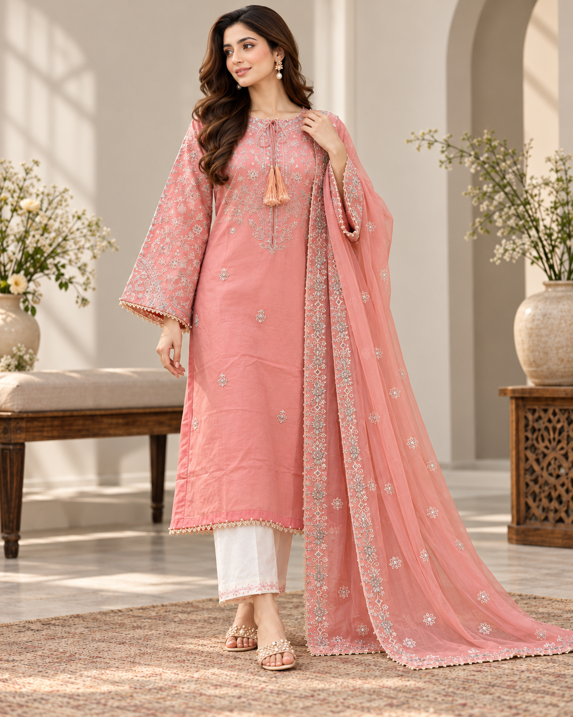 PINK PASHMINA 3PC EMBROIDERED DRESS