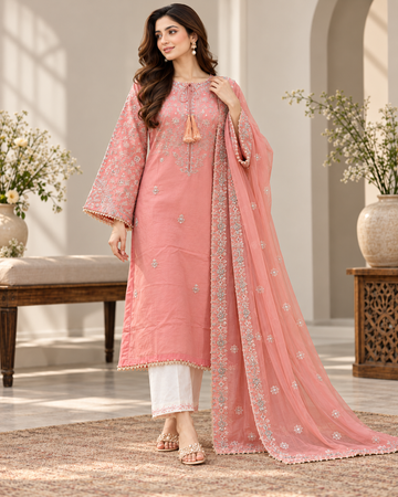 PINK PASHMINA 3PC EMBROIDERED DRESS